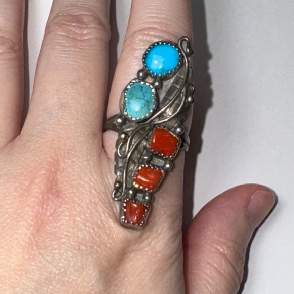 Sterling Silver Turquoise And Coral Ring, Size 9 - Picture 5 of 14